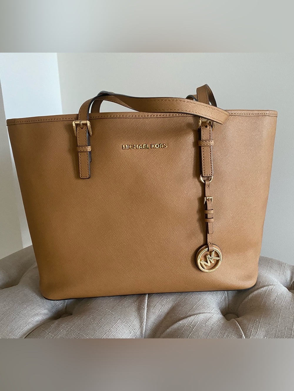 Michael Kors Saffiano Leather Tote in Caramel Brown with Gold Hardware